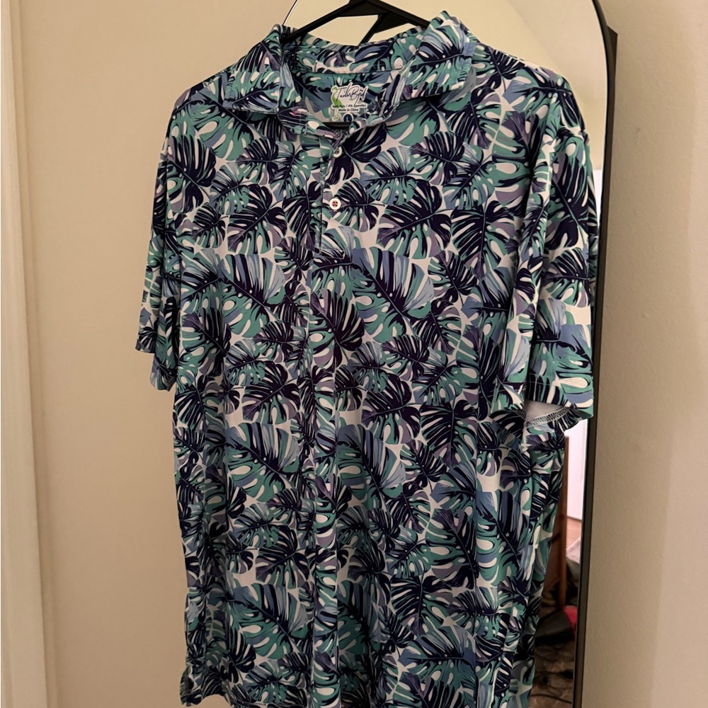 Men's Tropical Leaf Golf Polo Shirt - Green Blue